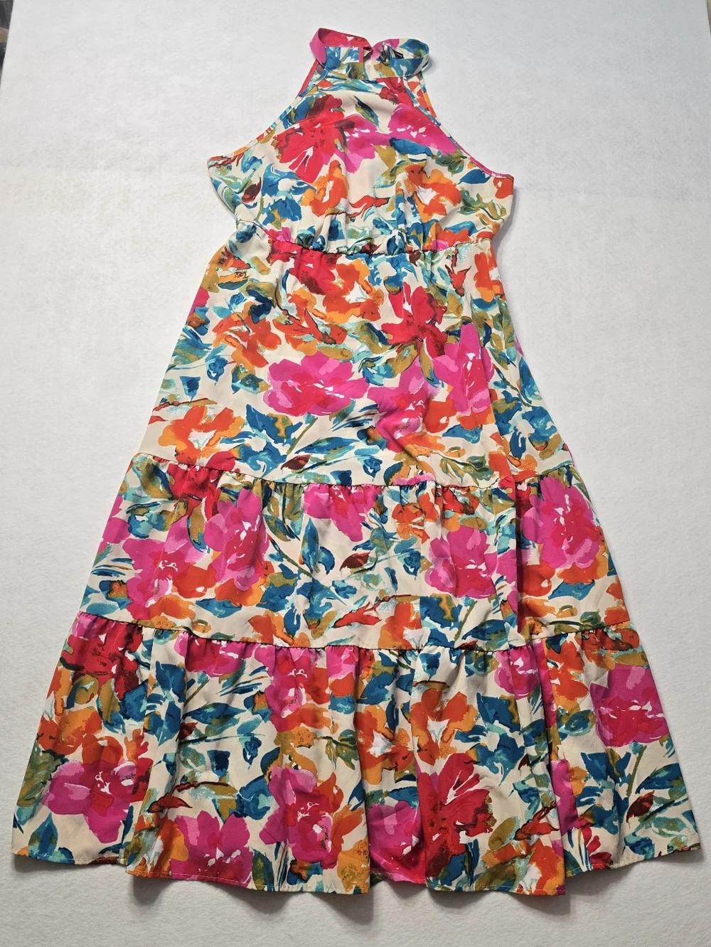 SHEIN Floral Halter Maxi Dress in Pink, Orange & Blue 1XL